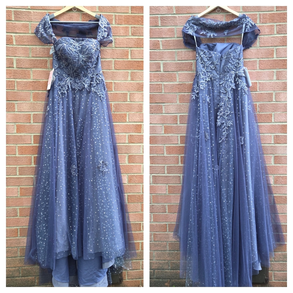 JJs House Princess Off Shoulder Sweep Train Tulle Sequin Lace Gown Dress Stormy - Picture 4 of 4